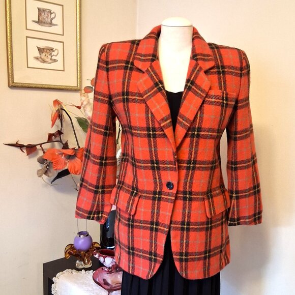 Vintage Jones New York Orang Red Wool Lined Blazer Checkered Pattern Jacket - Picture 4 of 7